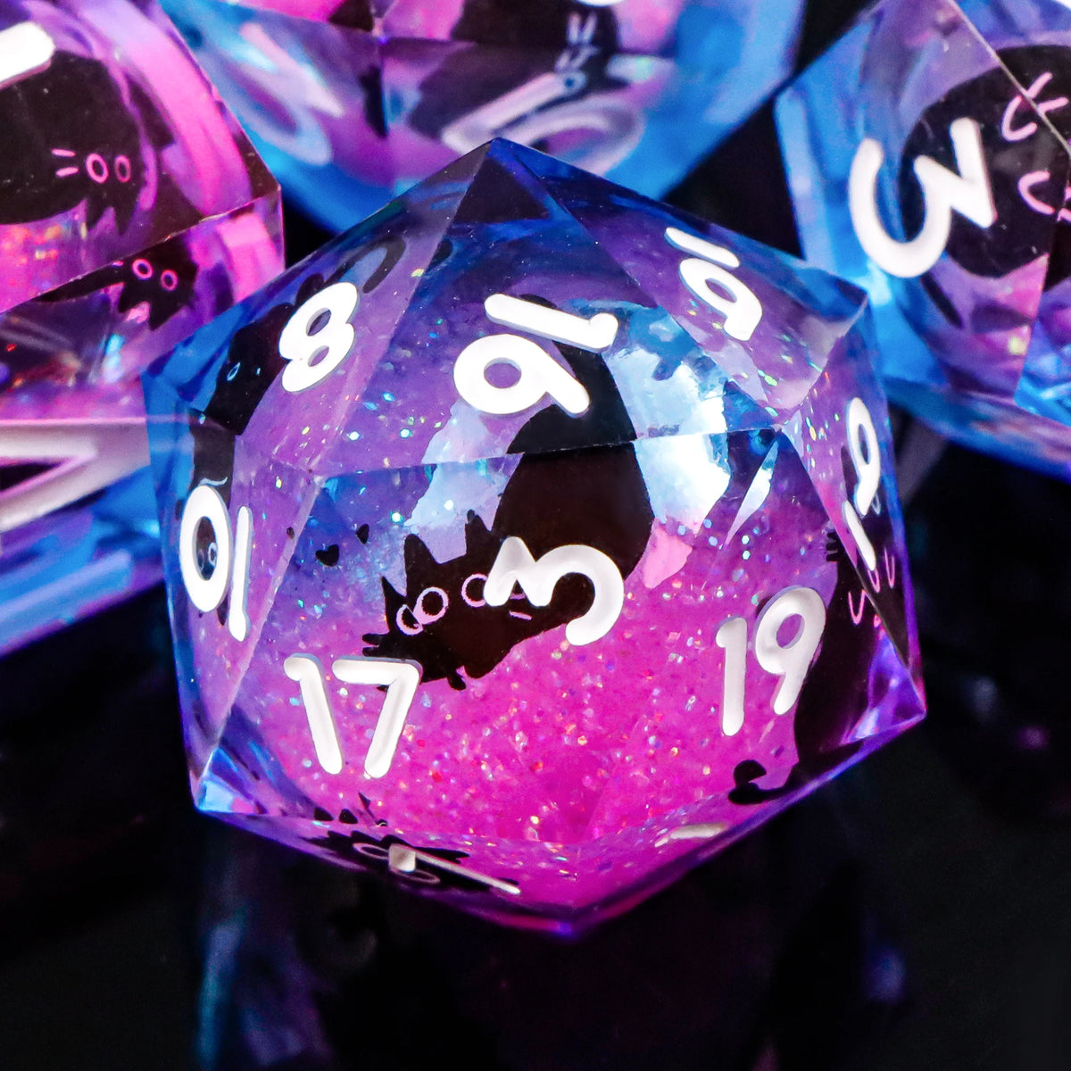A close-up of several iridescent purple and blue resin dice showing numbers, set against a dark background.