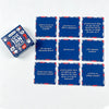 A set of twelve blue mini game cards with red accents featuring Spanish questions for conversation starters