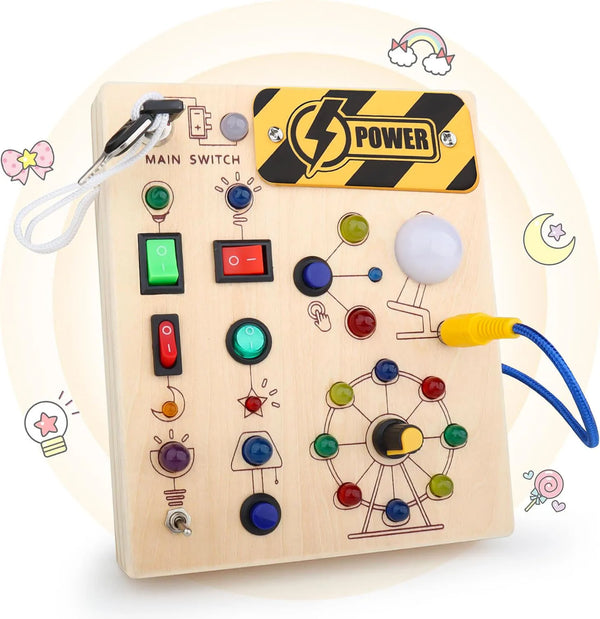 A wooden busy board with various switches and lights, featuring a yellow power panel and colorful components for toddlers.