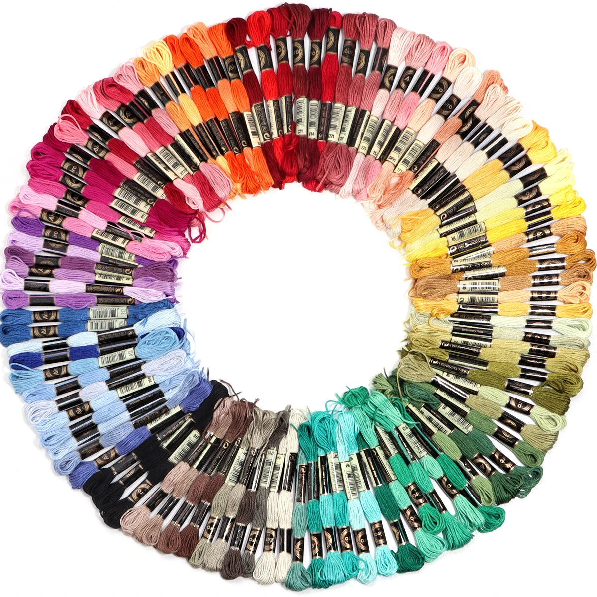 A circular display of vibrant embroidery thread in various colors for cross stitch and DIY crafts