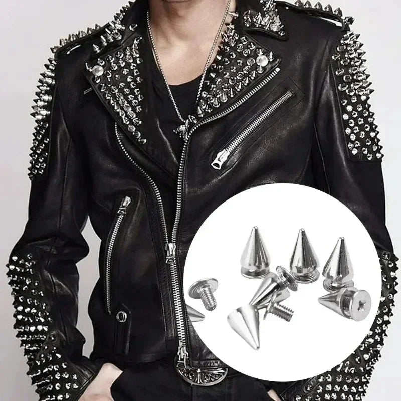Black leather jacket featuring silver punk cone spike rivets on the shoulders and sleeves.