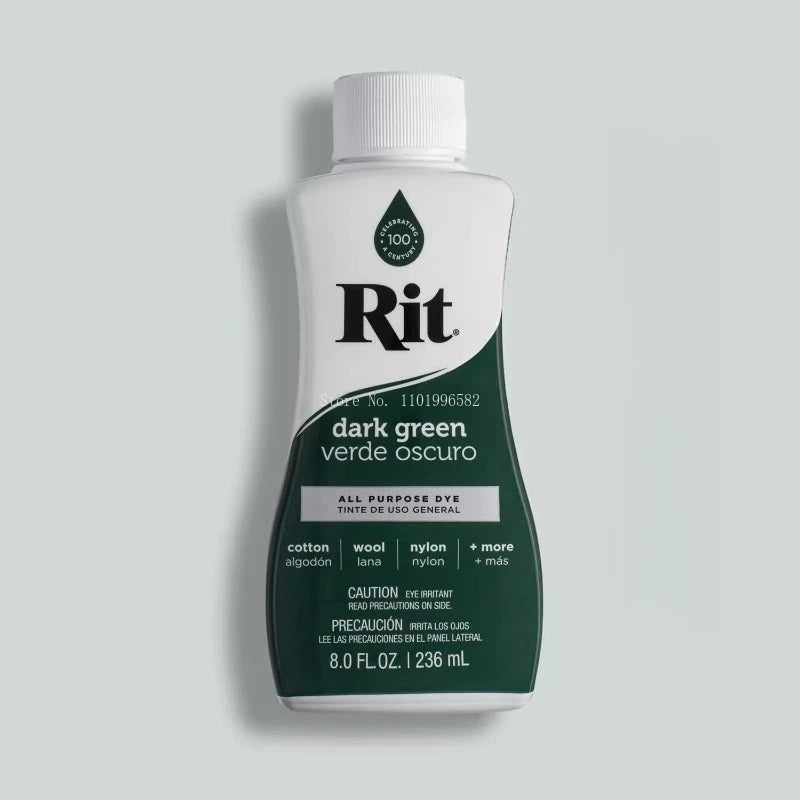 Bottle of Rit dark green dye liquid with a white cap and label