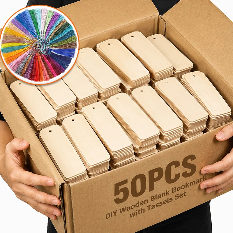 A box of 50 blank wooden bookmarks with tassels for DIY crafting is held by a person.