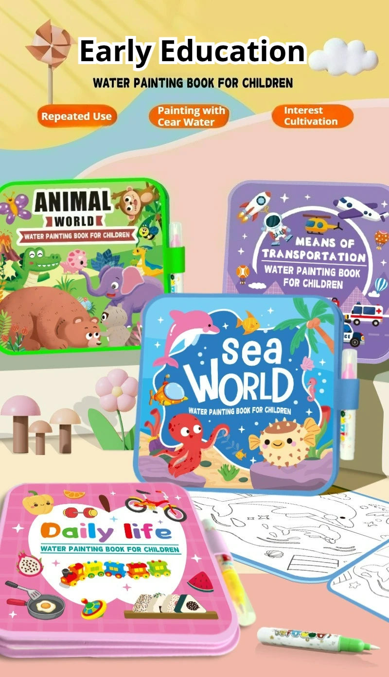 A set of water painting books for children featuring themes like animal world, sea world, and daily life.