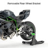 A black Kawasaki motorcycle is shown with a removable rear wheel bracket mounted on a stand.