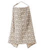 A beige and brown leopard print breathable muslin nursing cover with an adjustable neckline.