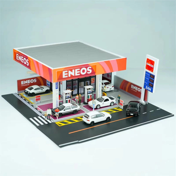 Diorama de garaje en miniatura con tienda y estacionamiento, LED, escala 1:64