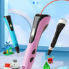 A pink 3D print pen is shown drawing a small Christmas tree and other objects on a light blue background.