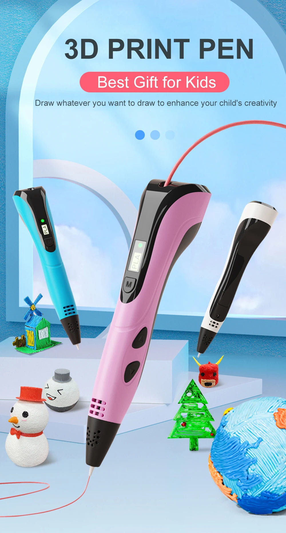 A pink 3D print pen is shown drawing a small Christmas tree and other objects on a light blue background.