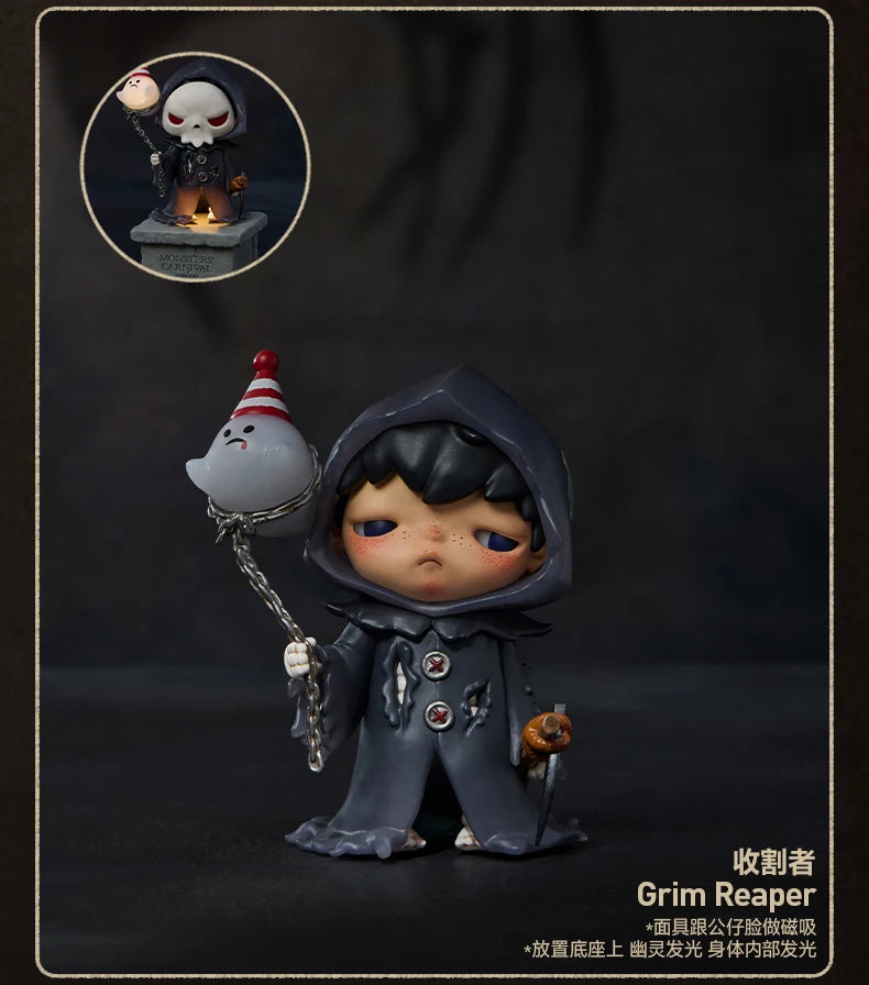 A dark-skinned collectible figure of a character wearing a hooded cloak and holding a chain, with a smaller monster figure vi