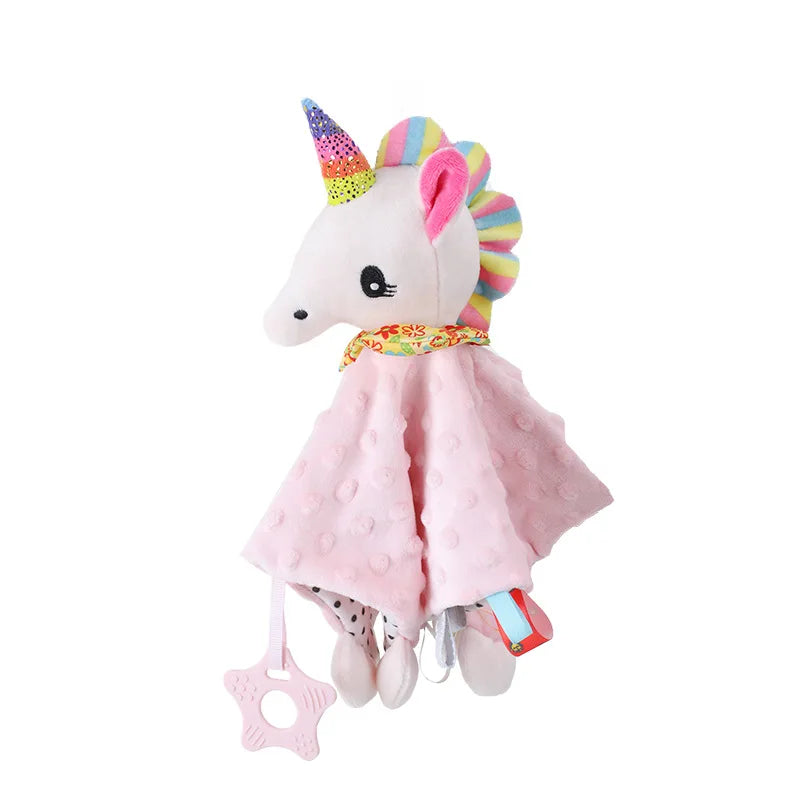 A pink plush baby comforter security toy with a unicorn horn and a teether attached.