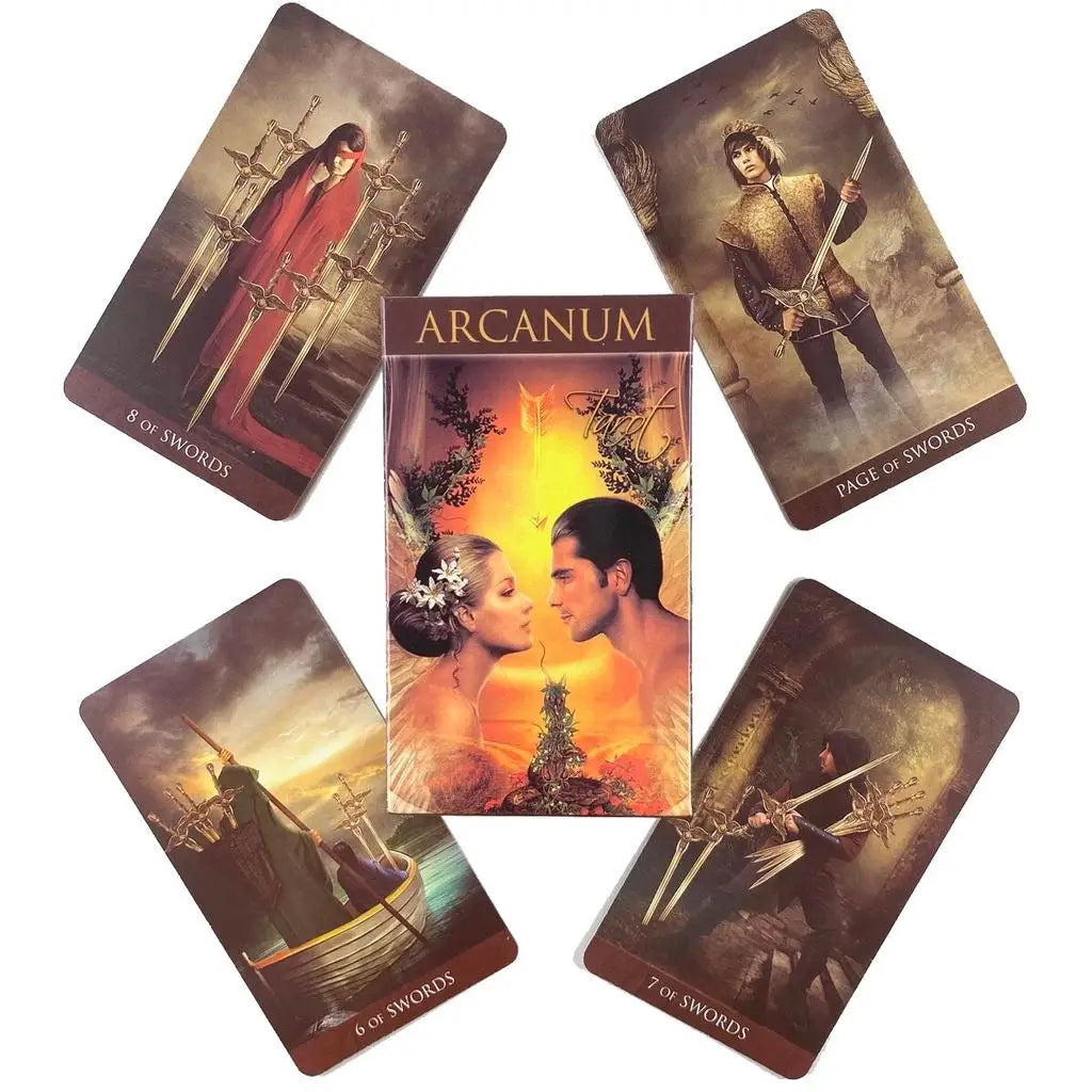 A collection of Arcanum Tarot cards featuring various scenes and figures related to swords.