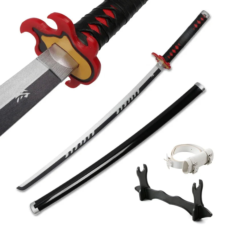 A Demon Slayer anime katana sword with a red hilt and black wrapping, shown in a diagonal view.
