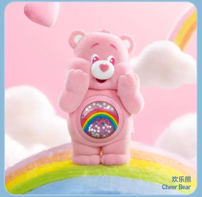 A pink Cheer Bear collectible figurine with a rainbow design sitting on a colorful arc.
