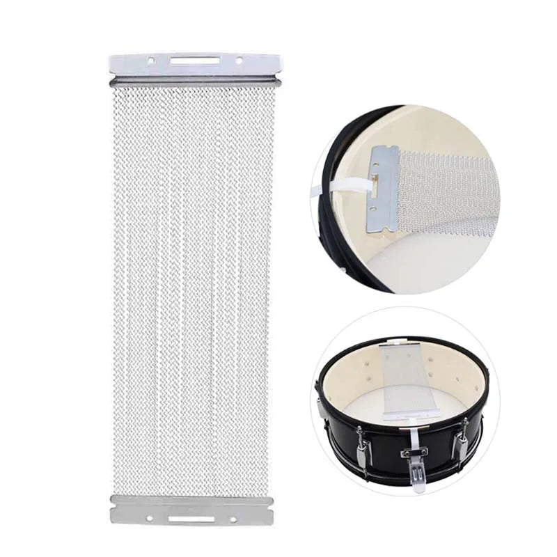 A snare drum wire strand is shown with its mounting plate and a circular view of the wire strands.