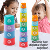 A set of eight colorful stacking cups labeled with letters and numbers for digital and English cognition games.