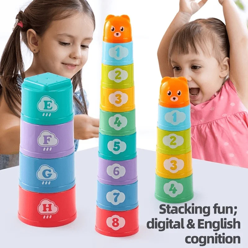 A set of eight colorful stacking cups labeled with letters and numbers for digital and English cognition games.