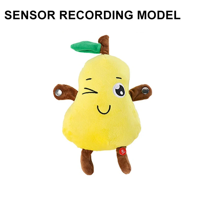 Jouet en peluche jaune en forme de citron avec une feuille verte, utilisé comme modèle d'enregistrement capteur.