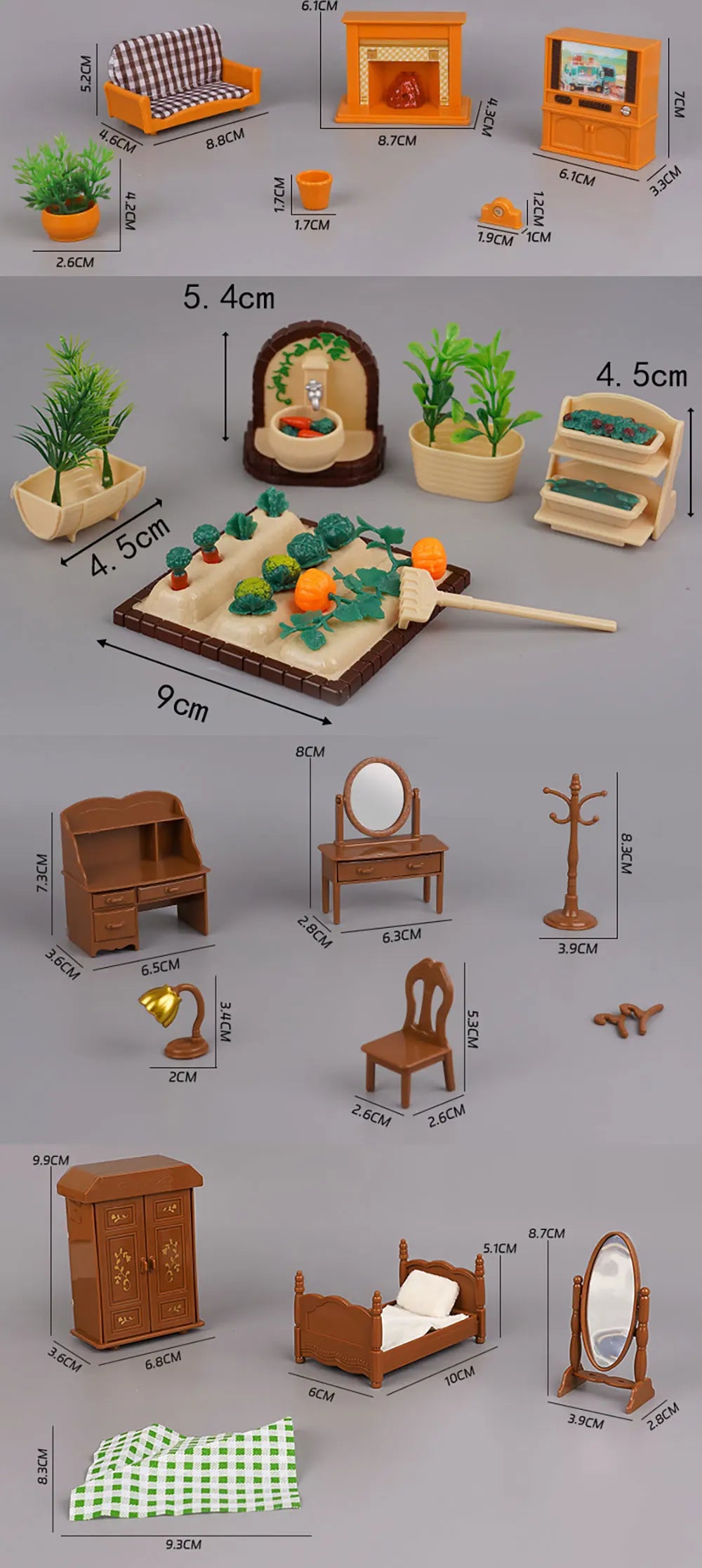 A collection of 1:12 scale dollhouse furniture including a kitchen set, living room sofa, bedroom pieces, and decorative item