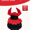 A red plush rabbit stuffed toy with black features, measuring 21 cm.