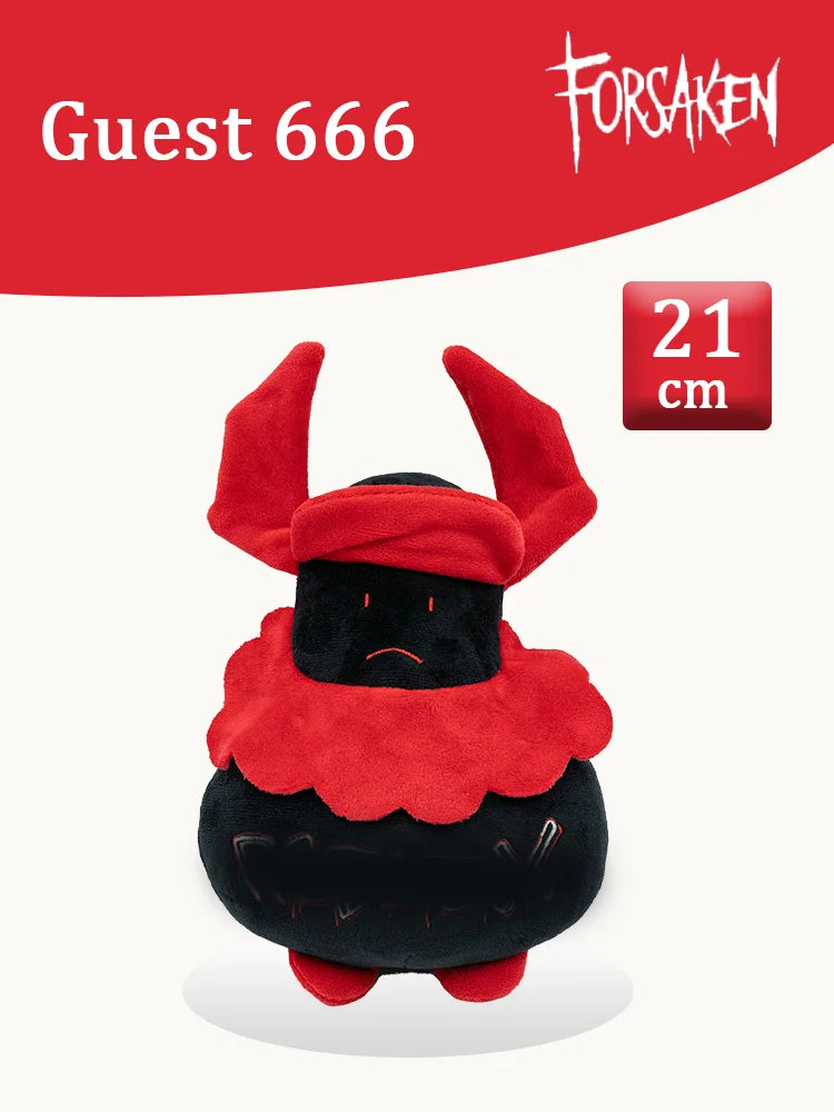 A red plush rabbit stuffed toy with black features, measuring 21 cm.