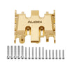 A brass skid plate for an INJORA precision RC crawler, shown alongside a set of small screws.