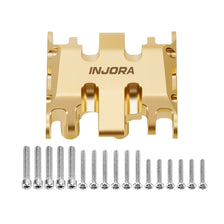 A brass skid plate for an INJORA precision RC crawler, shown alongside a set of small screws.