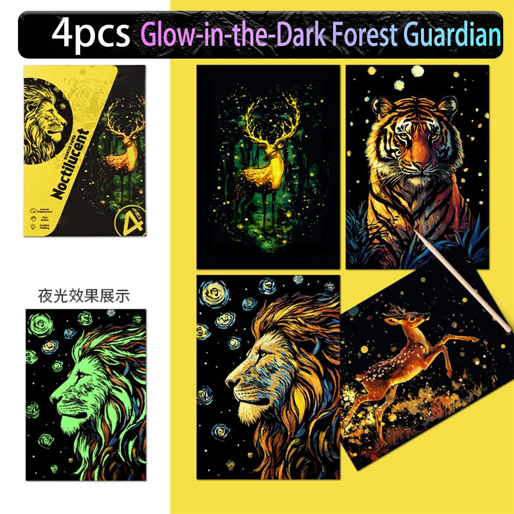 A set of four glow-in-the-dark forest guardian scratch art cards featuring animals like a lion, deer, and tiger.