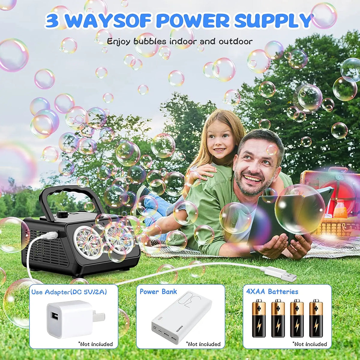 A family enjoying bubbles outdoors with an automatic bubble machine and various battery components.