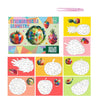 A sticker puzzle book featuring fruits and vegetables like apples, pumpkins, and corn in geometric designs for kids.