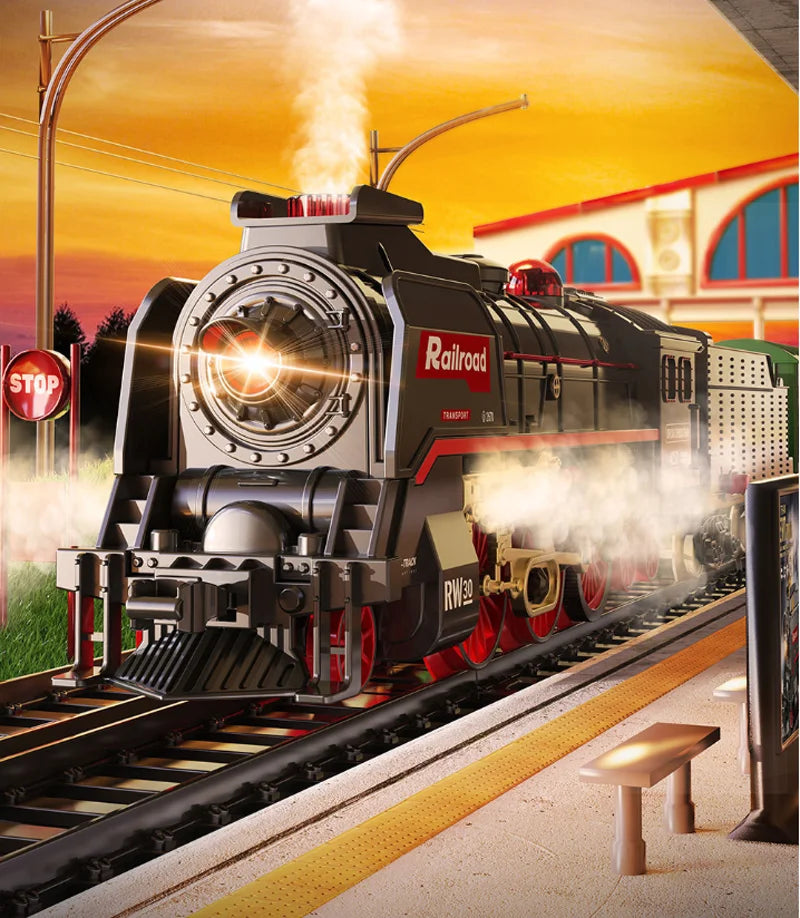 A black vintage steam train locomotive is shown on a track with smoke effects, set against an orange sunset background.