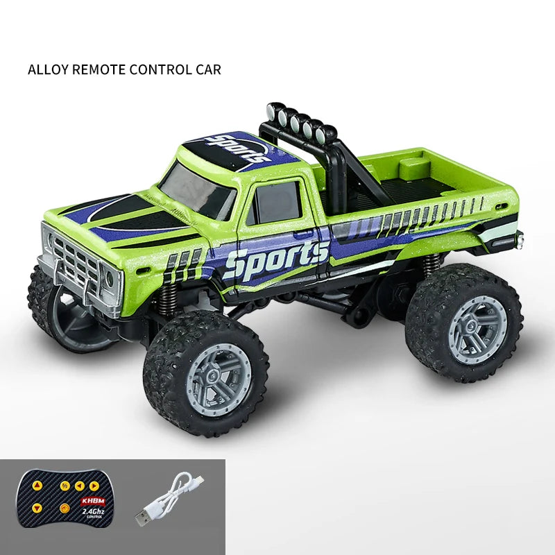 A lime green alloy remote control sports off-road car with black tires and a black controller visible.