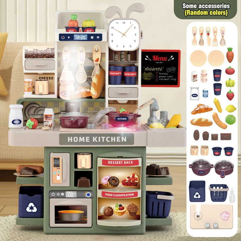 A kids pretend kitchen play set featuring various cooking tools and accessories with sound and light effects.