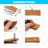Six steps showing the installation process of a double cap rivet kit for leathercraft, including tools and finished rivets.