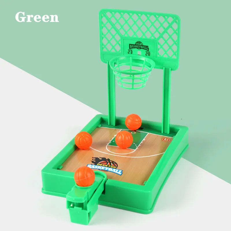A green tabletop basketball arcade game with a hoop and court, designed for two players.
