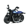 A vintage-style pull-back motorcycle toy car with a blue and black finish.