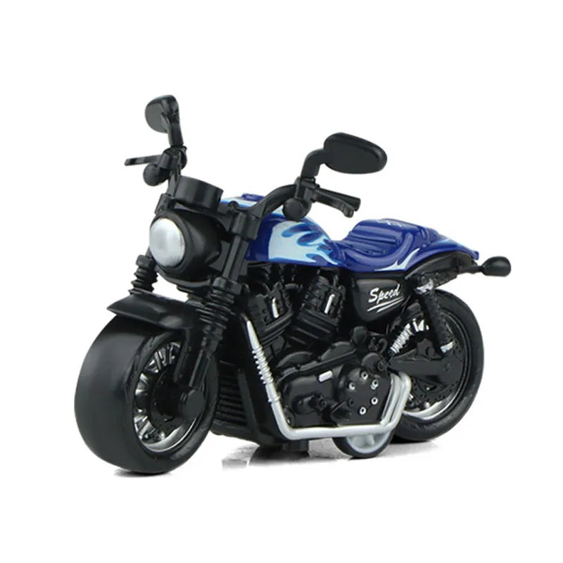 A vintage-style pull-back motorcycle toy car with a blue and black finish.