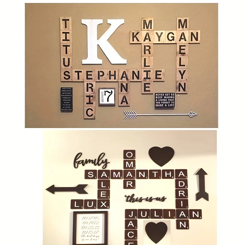 A wooden craft kit featuring letters spelling out KAYGAN and STEPHANIE, with a family name display below.