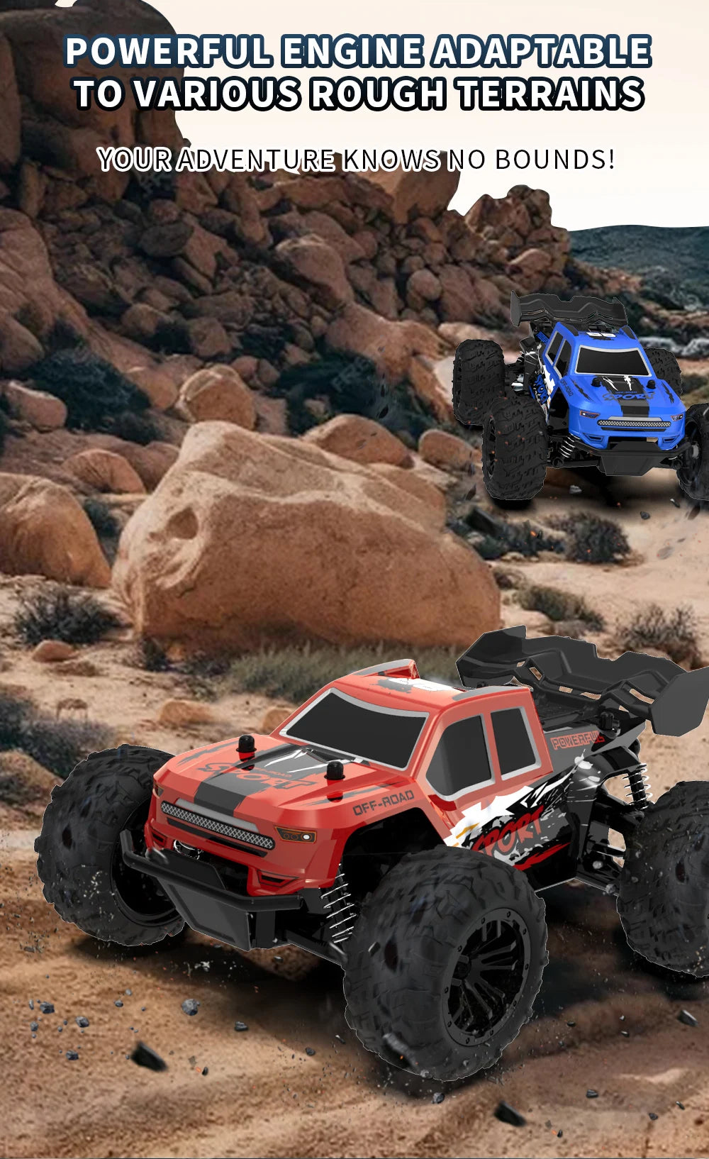 An orange and black off-road RC car is shown driving over rocky terrain.