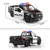 A black Ford F150 SVT Raptor 1:36 diecast model truck with a white police box and emergency lights.