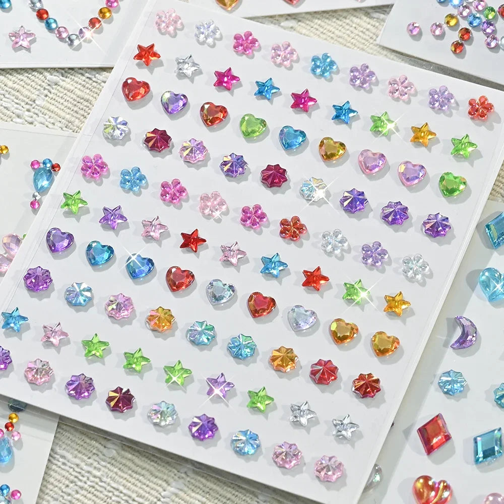 3D Rhinestone Face Stickers with Laser Hearts, Stars & Moons