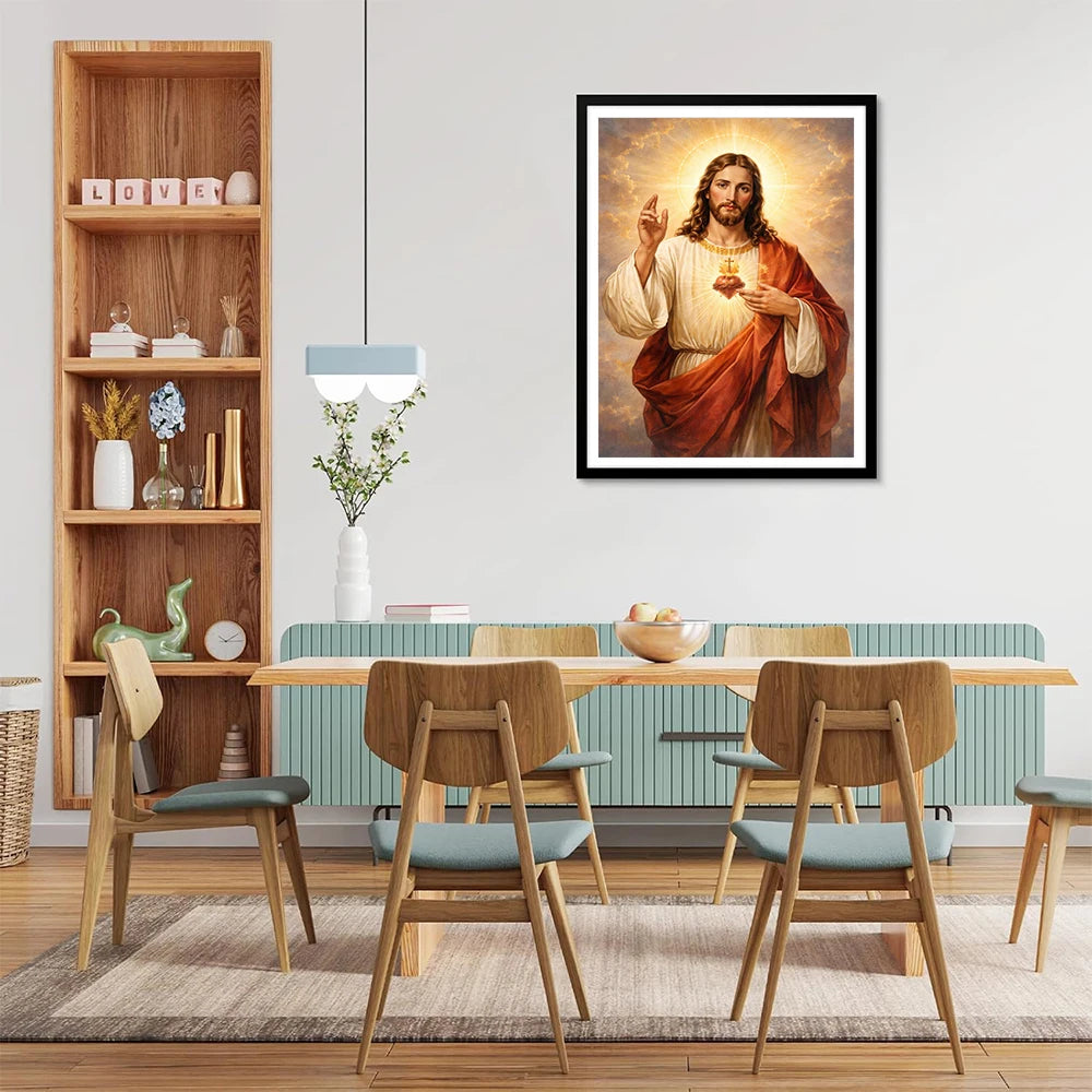 A framed painting of Jesus holding a chalice and Virgin Mary, displayed in a modern living room setting.