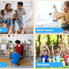 A collage showing children playing in a living room, bedroom, classroom, and outdoors with colorful liquid sensory play mats.