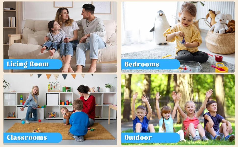 A collage showing children playing in a living room, bedroom, classroom, and outdoors with colorful liquid sensory play mats.