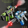 A black and green toy gun with a bright red light firing mist and sound effects.