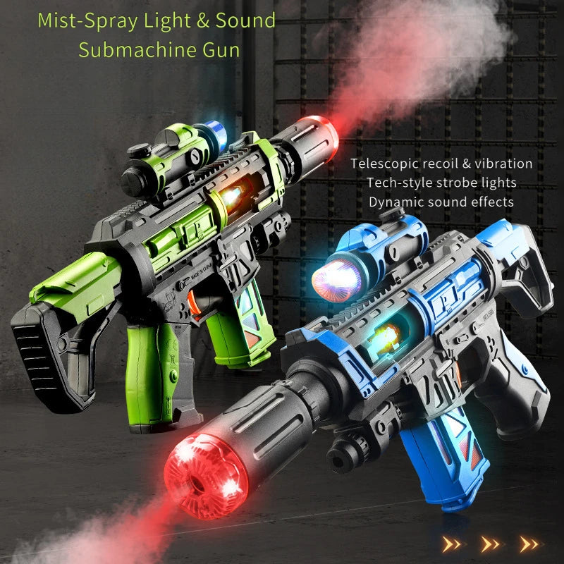 A black and green toy gun with a bright red light firing mist and sound effects.