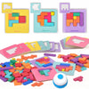 A set of wooden tangram puzzle pieces and a corresponding game board for children.