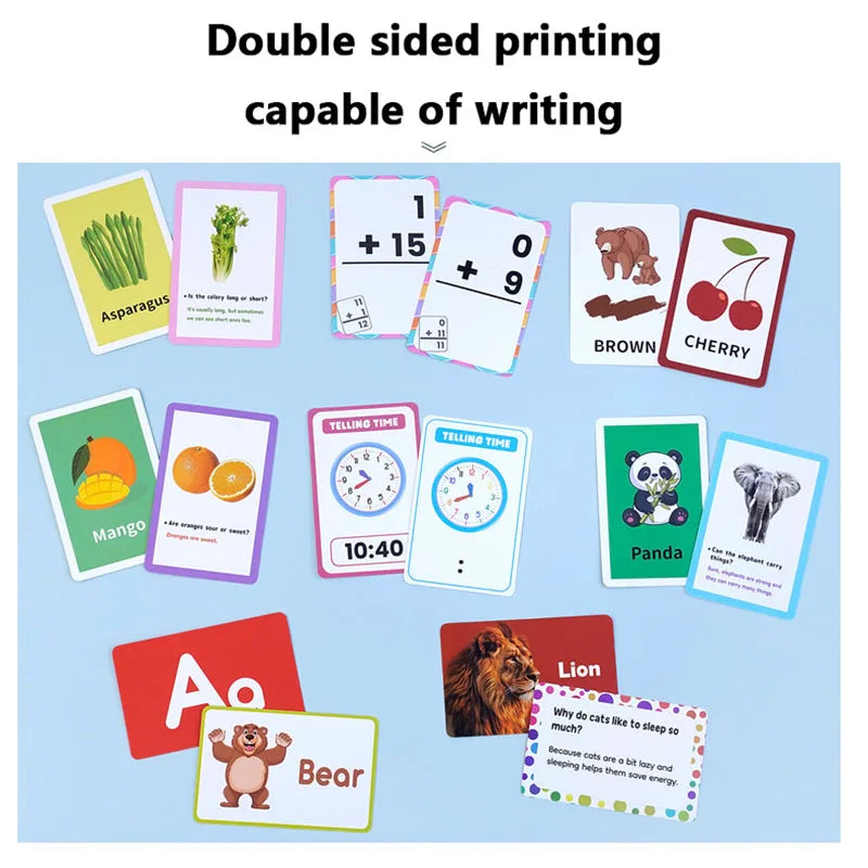 A collection of double-sided printing flash cards featuring various subjects like asparagus, fruit, animals, and numbers for 