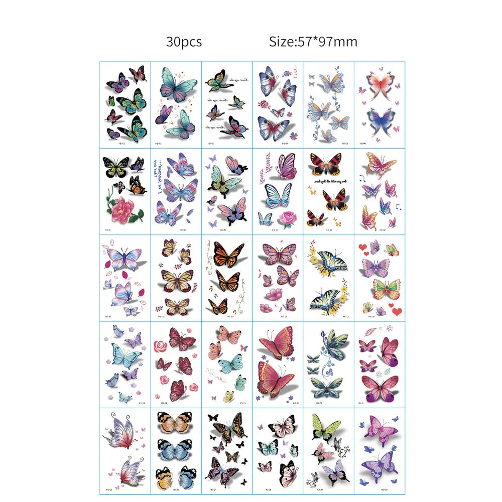 A collection of 30 temporary tattoos featuring various colorful butterfly and floral designs.
