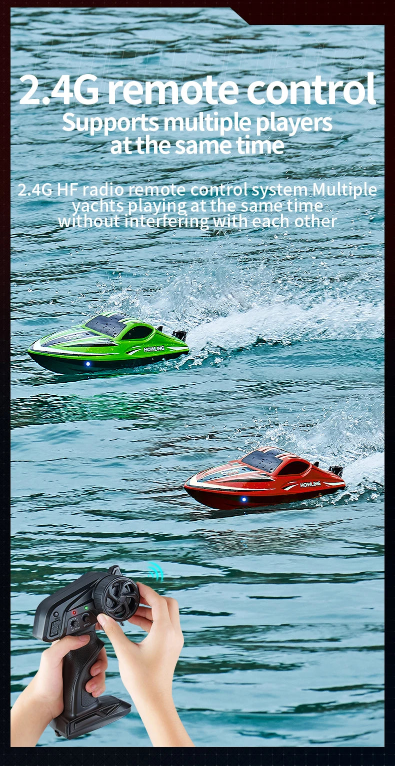 A person holds a black remote control, operating a green high-speed boat on the water.